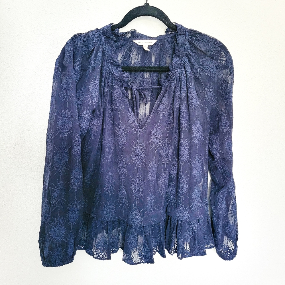 Rebecca Taylor | 100% Silk Peasant Blouse Sheer Embroidered